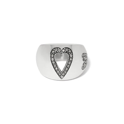Brighton silver-plated ring with cutout heart design outlined in fine quality crystals on a white background