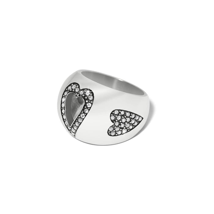 Brighton silver-plated ring with two crystal-accented heart motifs on a domed band on a white background