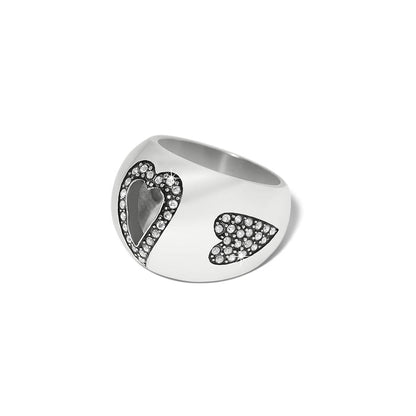 Brighton silver-plated ring with two crystal-accented heart motifs on a domed band on a white background