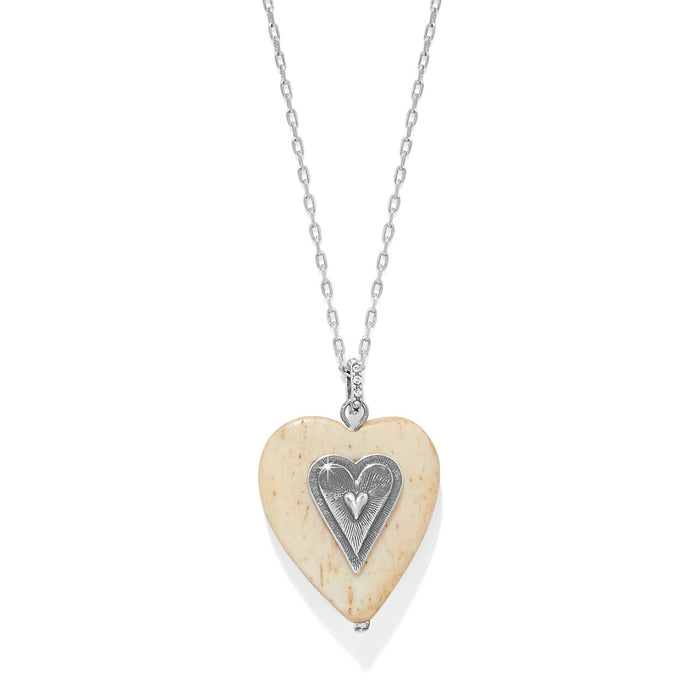 Brighton heart pendant necklace with wood pendant, silver-plated heart overlay, and crystal accents on a white background