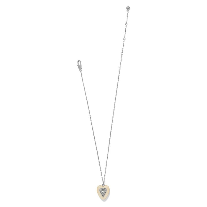 Brighton pendant necklace with wood heart charm, silver-plated chain, and lobster clasp on a white background