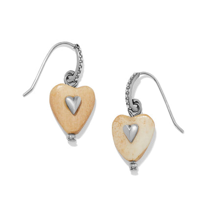 Brighton drop earrings with wood heart beads, silver-plated heart accents, and crystal-set hooks on a white background
