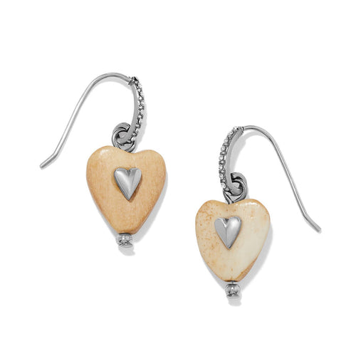 Brighton drop earrings with wood heart beads, silver-plated heart accents, and crystal-set hooks on a white background