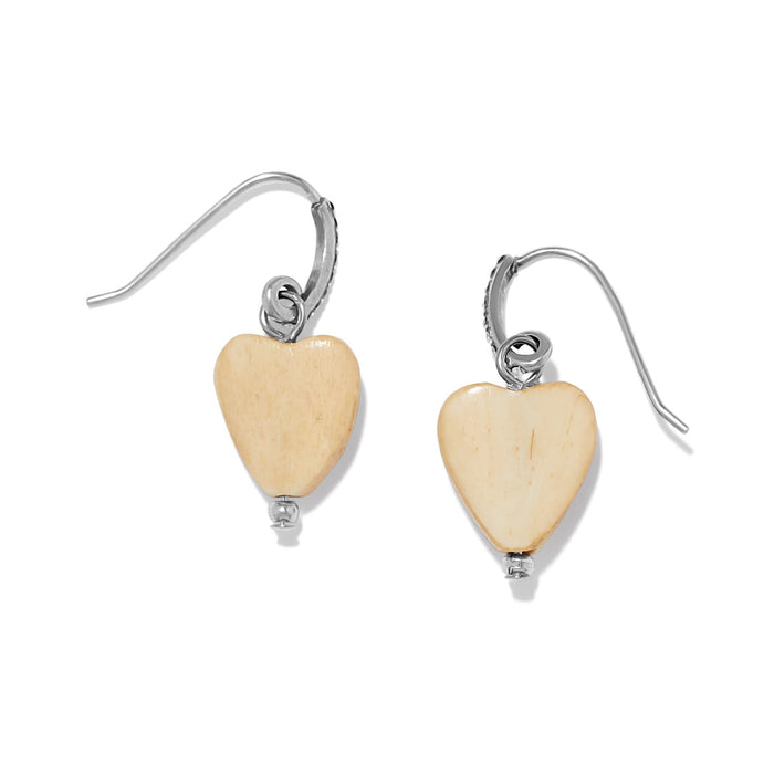 Brighton drop earrings with wood heart beads, silver-plated hooks, and crystal accents on a white background