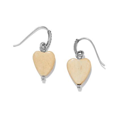 Brighton drop earrings with wood heart beads, silver-plated hooks, and crystal accents on a white background