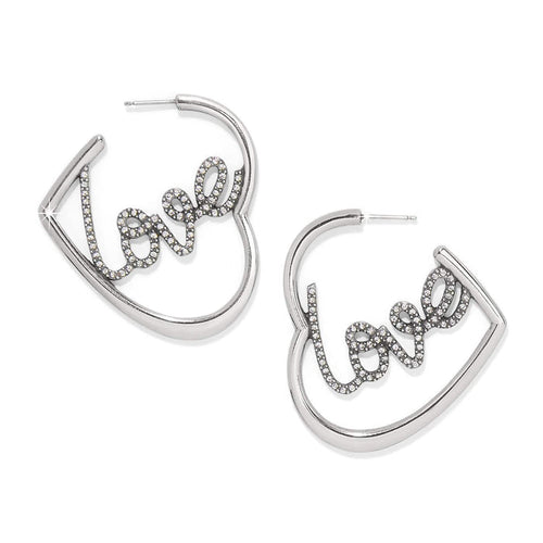 Brighton heart hoop earrings with silver-plated finish and crystal-encrusted love script on a white background