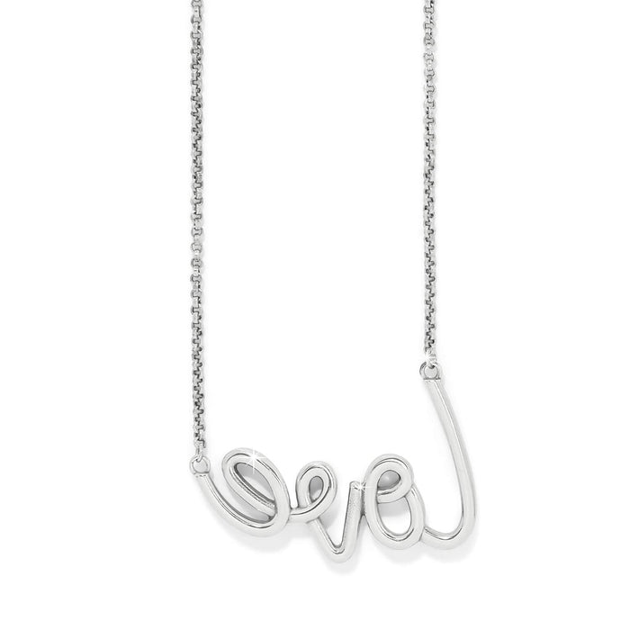 Brighton silver-plated necklace with cursive love script pendant and rolo chain on a white background