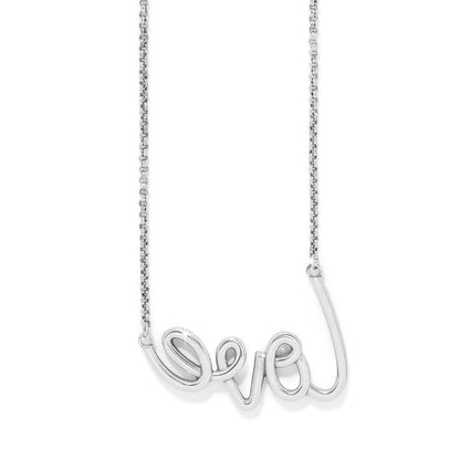 Brighton silver-plated necklace with cursive love script pendant and rolo chain on a white background