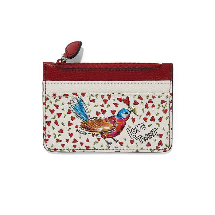 Brighton zip card case with illustrated hummingbird and red heart print, burgundy trim on a white background