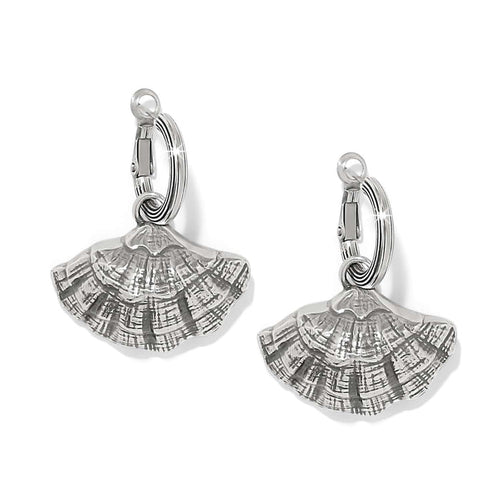 Brighton hoop earrings with silver-plated fan-shaped seashell charms and ribbed texture detailing on a white background