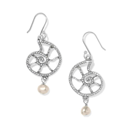 Brighton drop earrings with silver-plated nautilus shell design, crystal accents, and baroque pearl drops on a white background