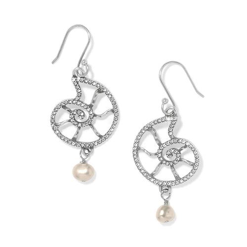 Brighton drop earrings with silver-plated nautilus shell design, crystal accents, and baroque pearl drops on a white background