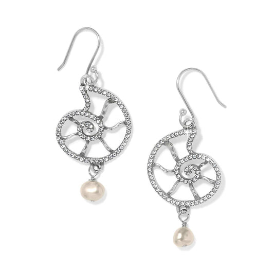 Brighton drop earrings with silver-plated nautilus shell design, crystal accents, and baroque pearl drops on a white background
