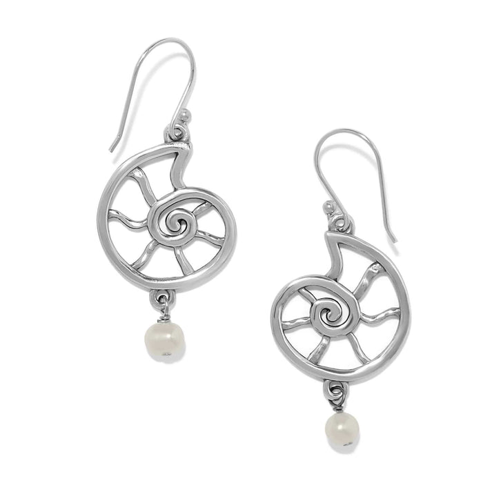 Brighton drop earrings with silver-plated nautilus shell design and baroque pearl accents on a white background