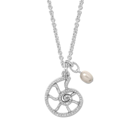 Brighton pendant necklace with silver-plated nautilus shell charm, crystal accents, and pearl drop on a white background