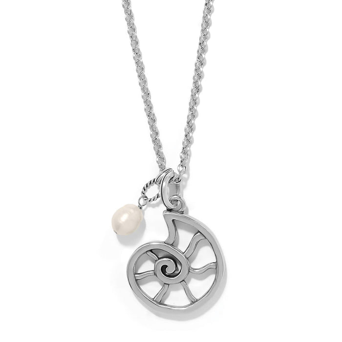Brighton pendant necklace with silver-plated nautilus shell charm and dangling pearl accent on a white background