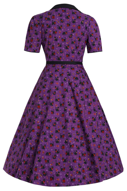 Mabel Festive Cat Shirt Dress In Purple