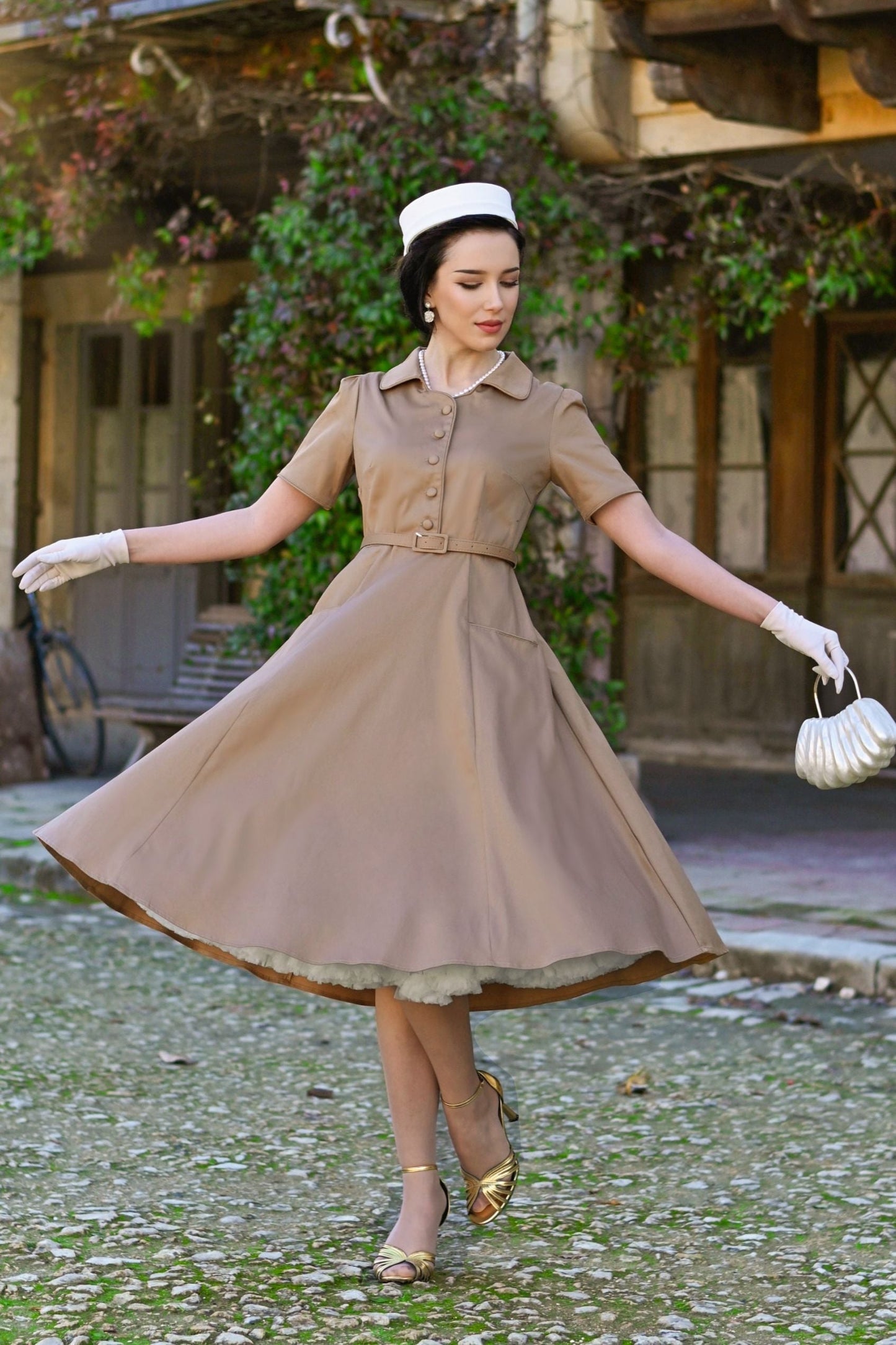 Mabel Khaki Cream Midi Shirt Dress