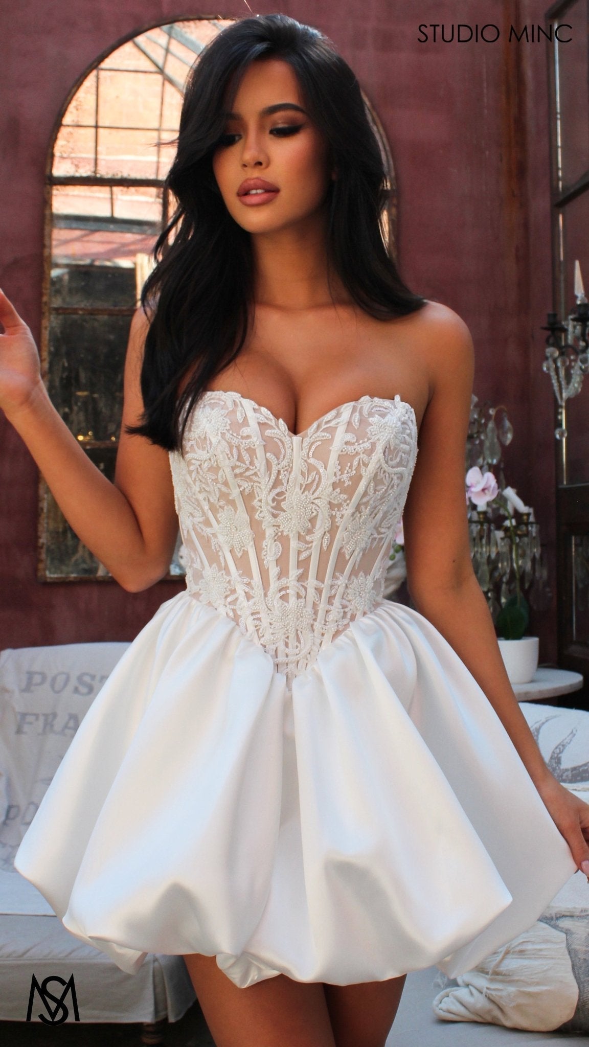 Manor Mini - White Bridal Mini Dress | Beaded Corset, Basque Satin Bubble Party Dress