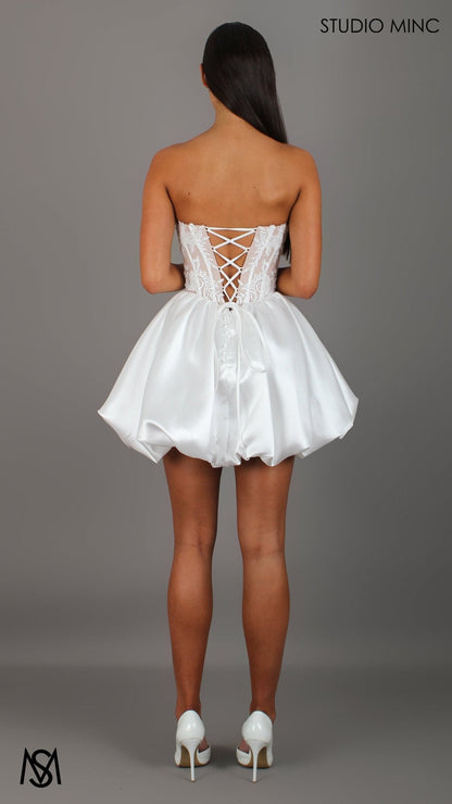 Manor Mini - White Bridal Mini Dress | Beaded Corset, Basque Satin Bubble Party Dress