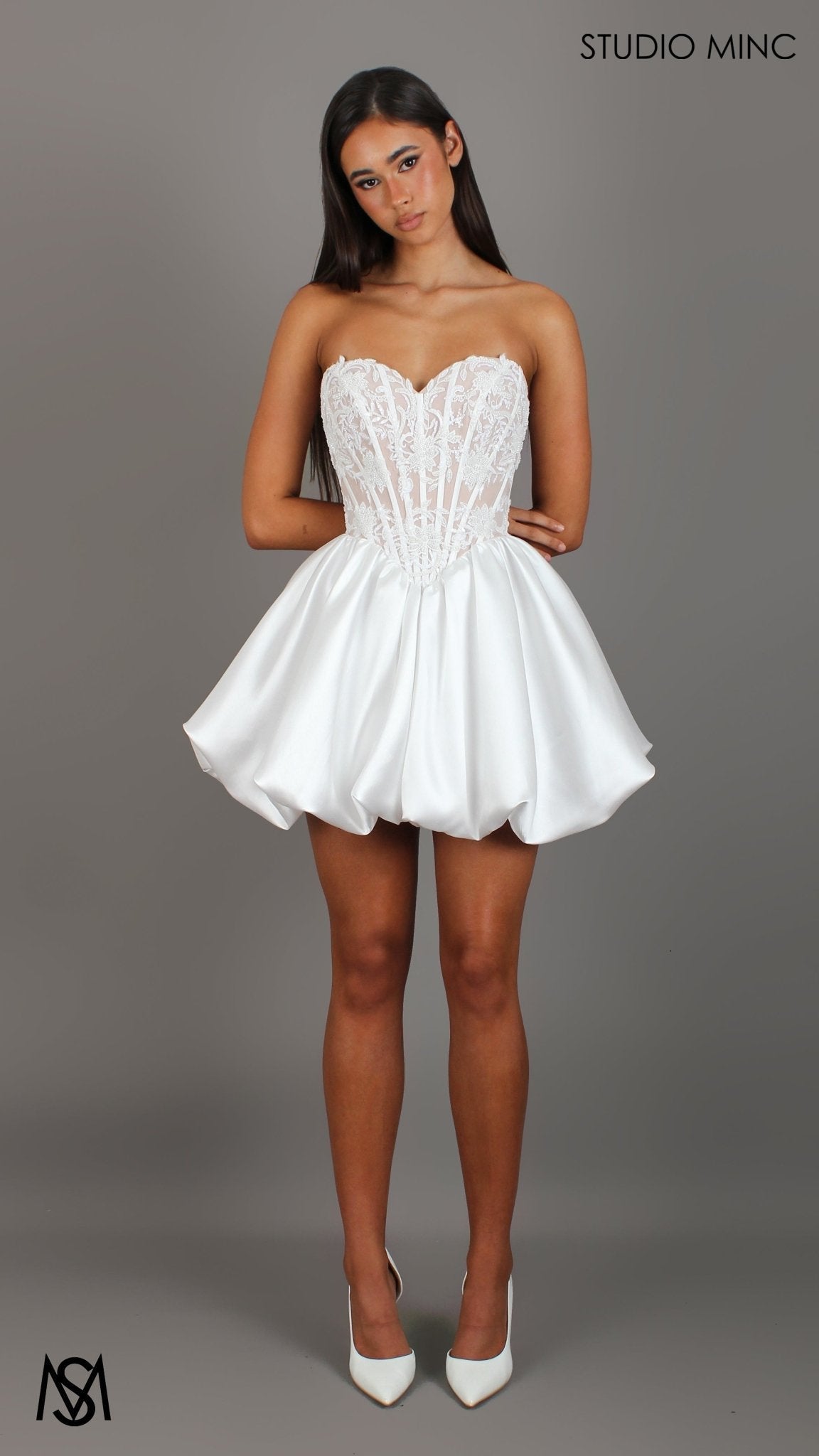 Manor Mini - White Bridal Mini Dress | Beaded Corset, Basque Satin Bubble Party Dress