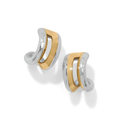 Brighton hoop earrings with two-tone silver and gold curved hammered design on a white background