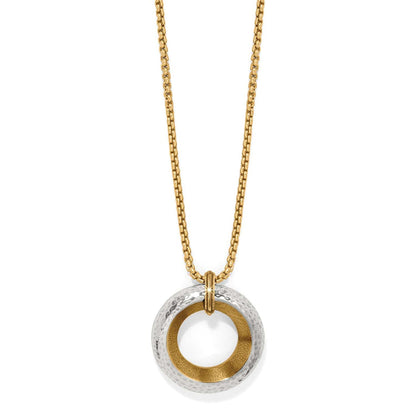 Brighton pendant necklace with hammered silver-tone and gold-tone circular pendant on gold-tone box chain on a white background