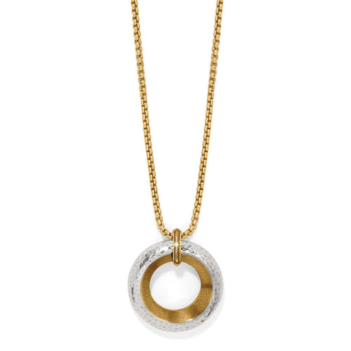 Brighton pendant necklace with hammered silver-tone and gold-tone circular pendant on gold-tone box chain on a white background