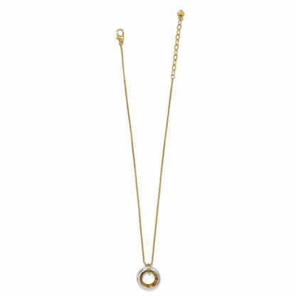 Brighton pendant necklace with two-tone open circle pendant and gold-tone box chain on a white background