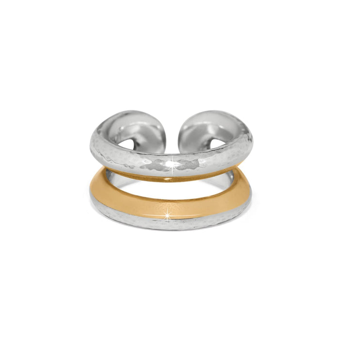 Brighton open cuff ring with two-tone hammered silver-tone band and polished gold-tone band on a white background