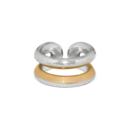 Brighton open cuff ring with two-tone hammered silver-tone band and polished gold-tone band on a white background