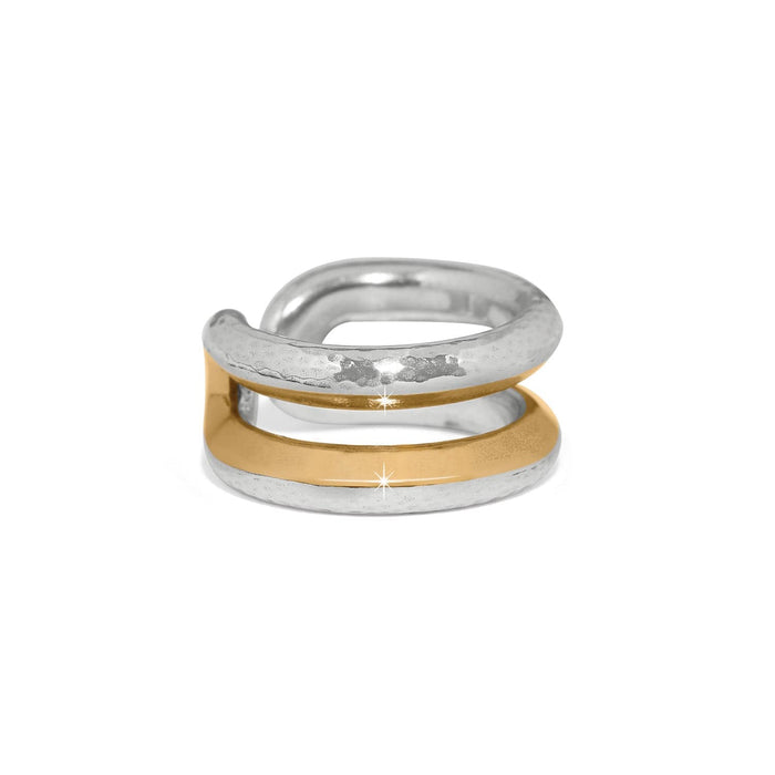 Brighton ring with two-tone finish featuring hammered silver-tone outer bands and polished gold-tone center band on a white background