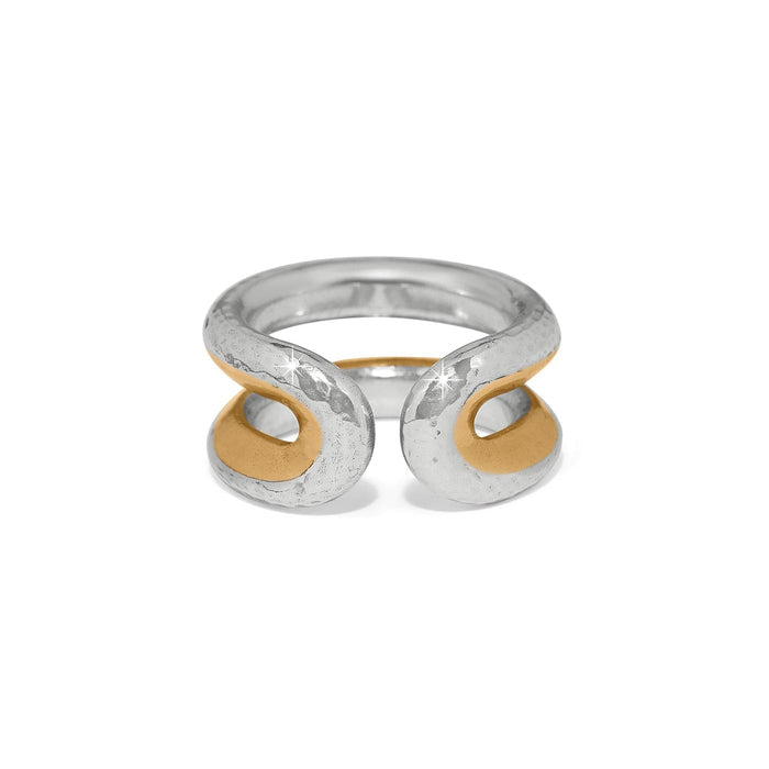 Brighton ring with hammered two-tone silver and gold open swirl design at the front on a white background