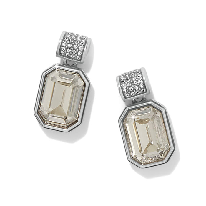 Brighton drop earrings with emerald-cut crystals and silver-plated pavé crystal tops on a white background