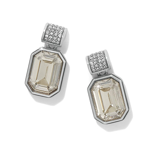 Brighton drop earrings with emerald-cut crystals and silver-plated pavé crystal tops on a white background