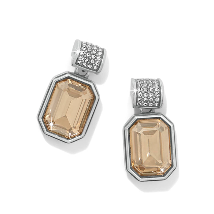 Brighton drop earrings with champagne emerald-cut crystals and pavé crystal silver-plated tops on a white background