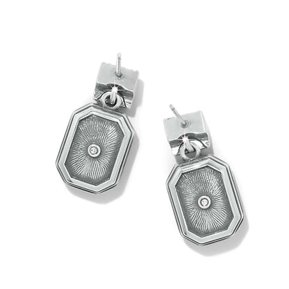 Brighton drop earrings with silver-plated octagonal pendants featuring radiant texture and center crystal accents on a white background