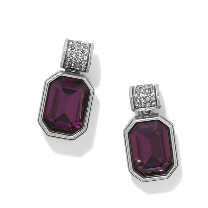 Brighton drop earrings with emerald-cut purple crystals and silver-plated pave crystal tops on a white background