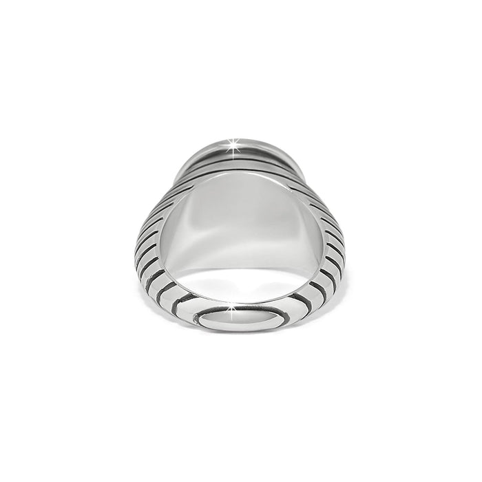 Brighton silver-plated ring shown from the back with ribbed band detailing and polished interior on a white background