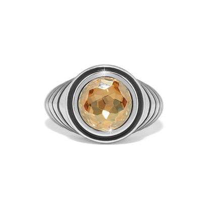 Brighton ring with round champagne crystal center, black enamel border, and silver-plated ribbed band on a white background