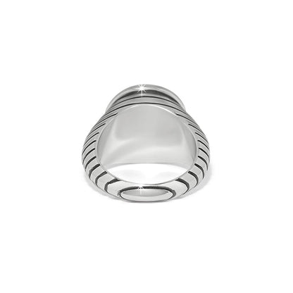 Brighton ring shown from the back with silver-plated band and ribbed side detailing on a white background