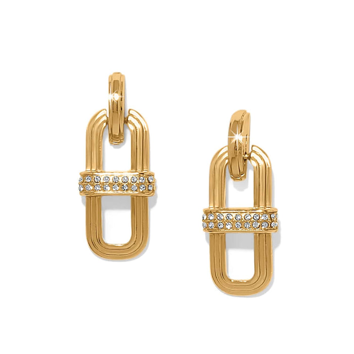 Brighton drop earrings with gold-plated link design and crystal-encrusted center band on a white background