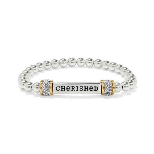 Brighton beaded stretch bracelet with two-tone Cherished bar and crystal accent stations on a white background