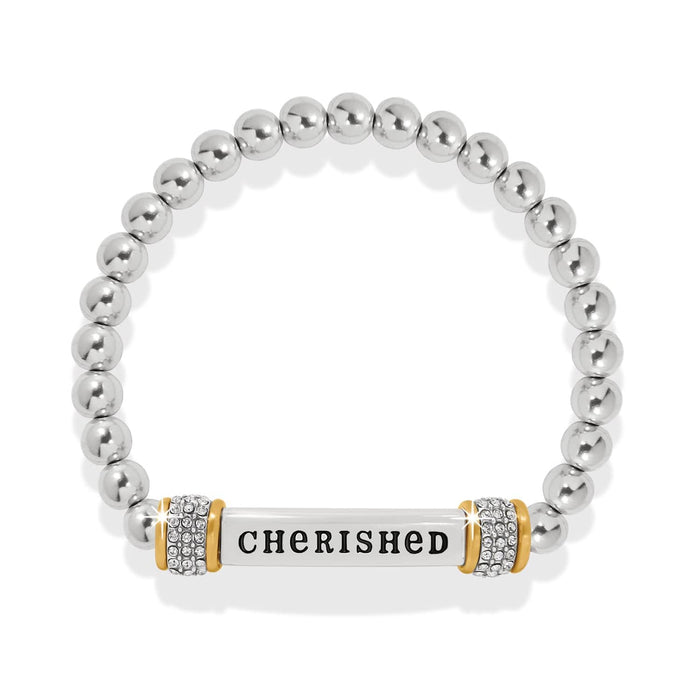 Brighton beaded stretch bracelet with two-tone Cherished bar and crystal accents on a white background