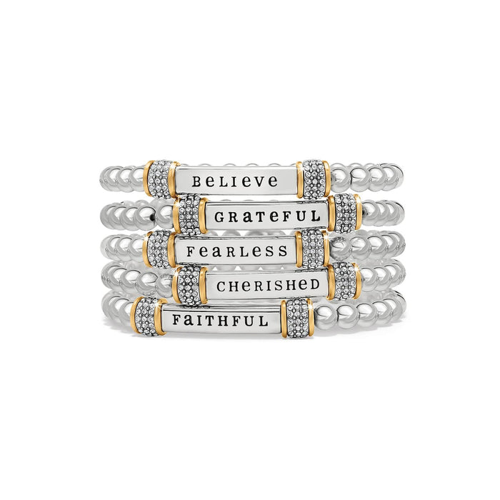 Brighton beaded stretch bracelets with two-tone bars reading believe, grateful, fearless, cherished, faithful with crystals on a white background