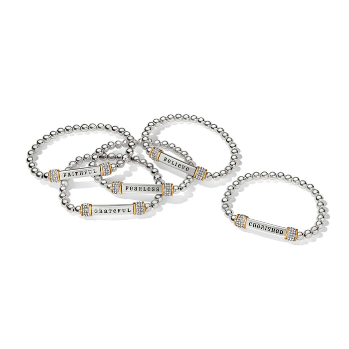 Brighton beaded stretch bracelets with two-tone bars reading Faithful, Fearless, Grateful, Believe, and Cherished on a white background