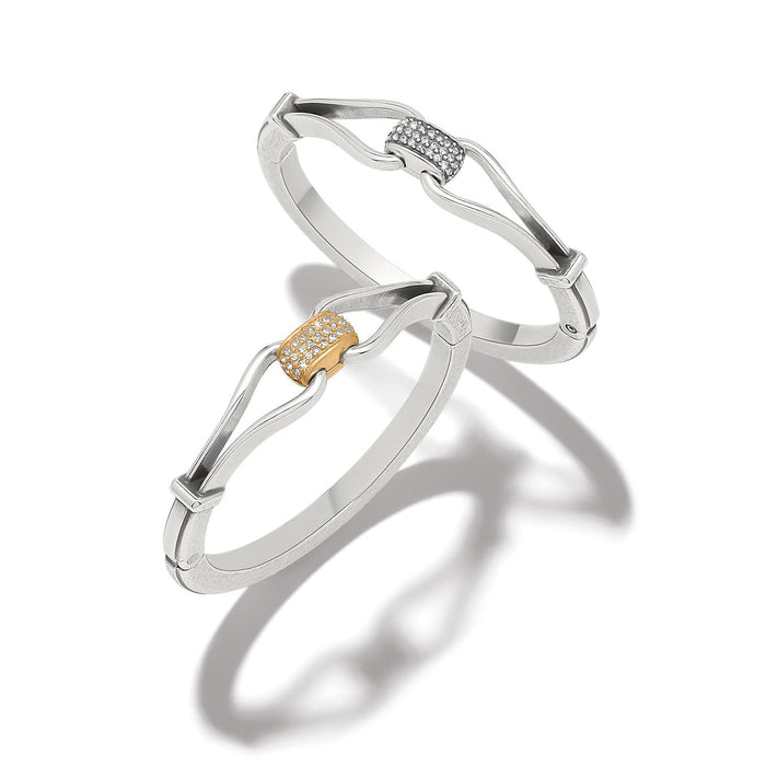 Brighton silver-plated bangle bracelets with crystal pavé centers in silver and gold-tone accents on a white background