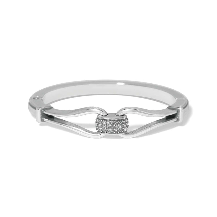 Brighton silver-plated bangle bracelet with curved hook design and pavé crystal center accent on a white background