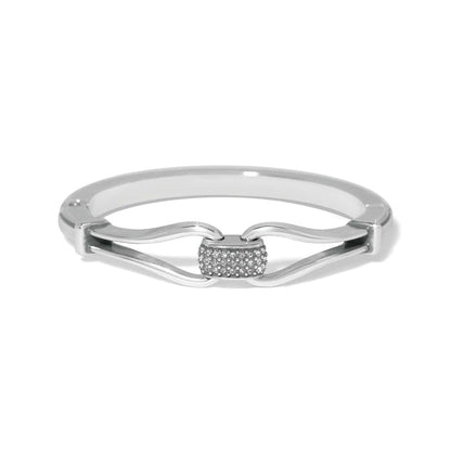 Brighton silver-plated bangle bracelet with curved hook design and pavé crystal center accent on a white background