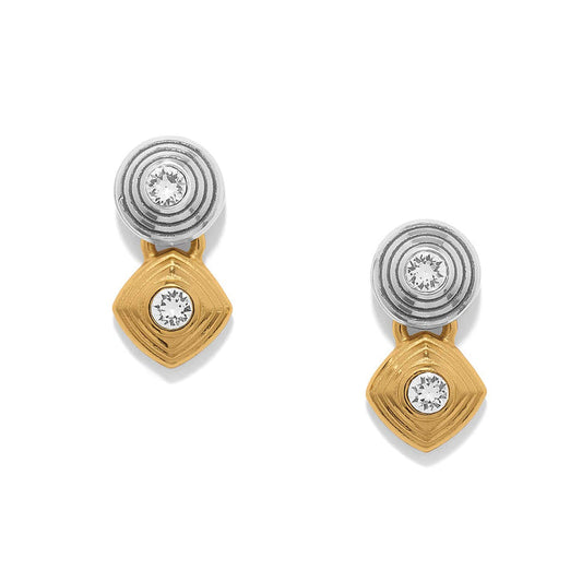 Brighton drop earrings with two-tone silver round and gold diamond-shaped accents featuring crystal centers on a white background